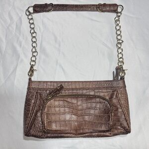 Charles David Brown Croc-Embossed Shoulder Bag with Chain Strap